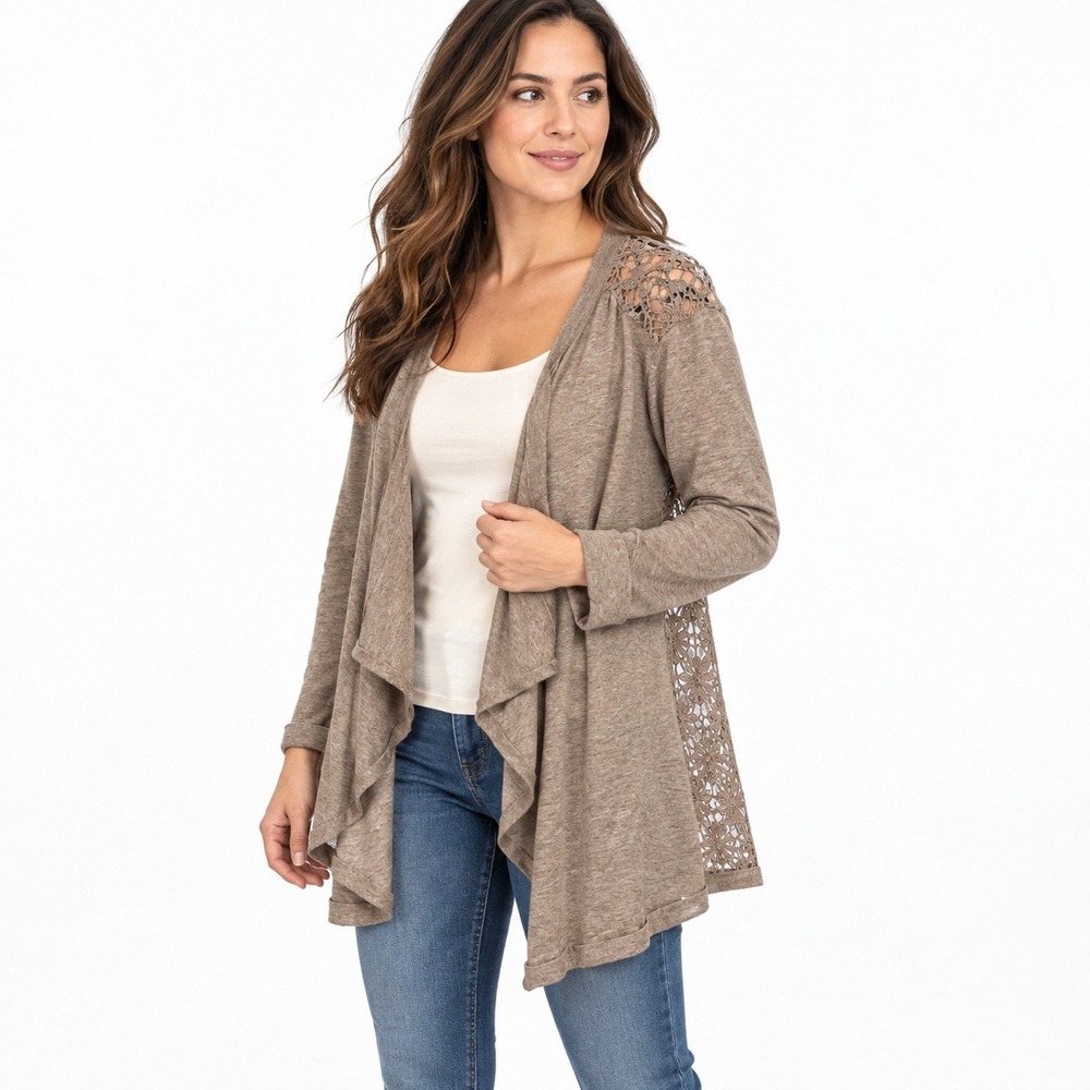 Moon & Sky Lace Back Cardigan Women M Taupe Draped Open Front Boho